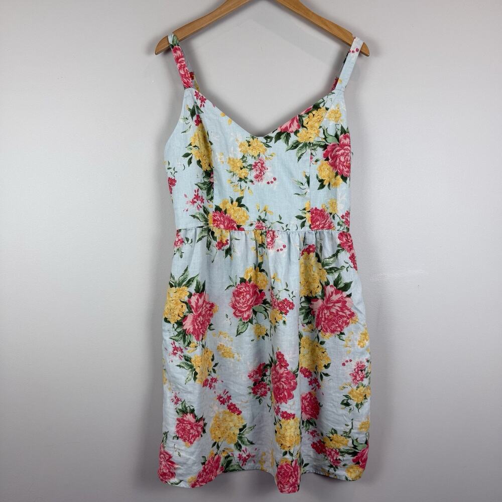 Cynthia Rowley 100% Linen Floral Dress Women 8 Blue Spaghetti Cami Resort Boho